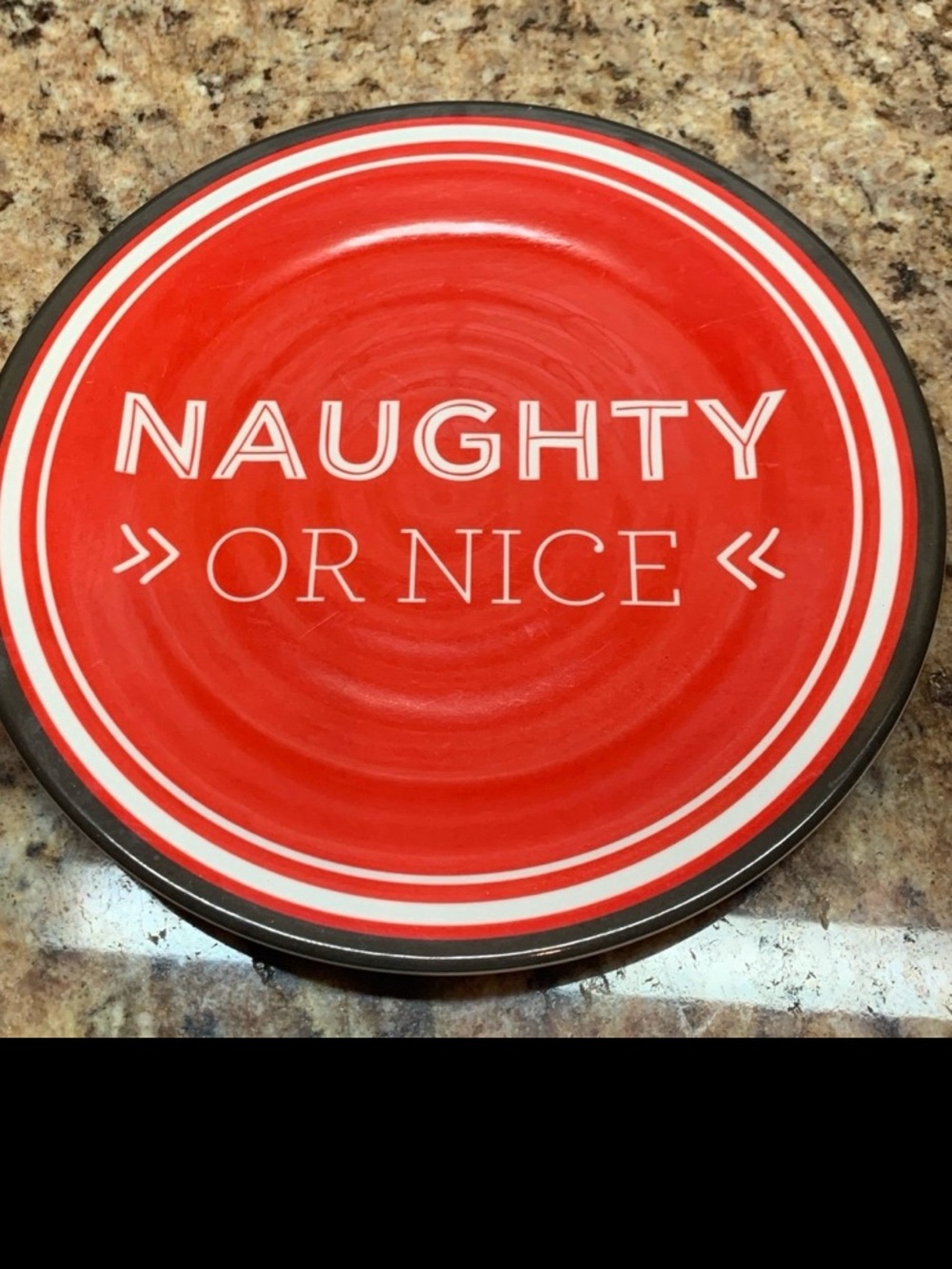 Red and White Holiday-Themed Appetizer Plate Featuring the text "NAUGHTY OR NICE